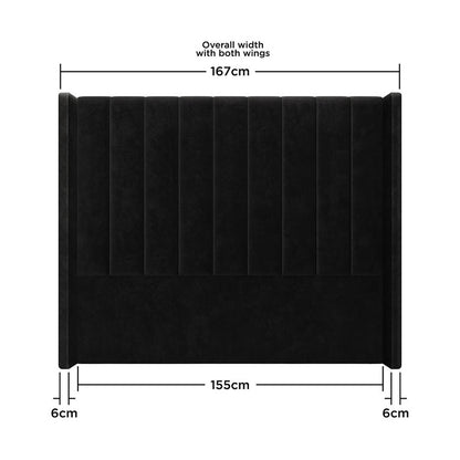 Septima & Fulvia Queen Bed & Headboard Package – Ink features a striking black velvet tufted headboard with a solid wood frame and metal side railings, embodying modern sophistication and timeless elegance.