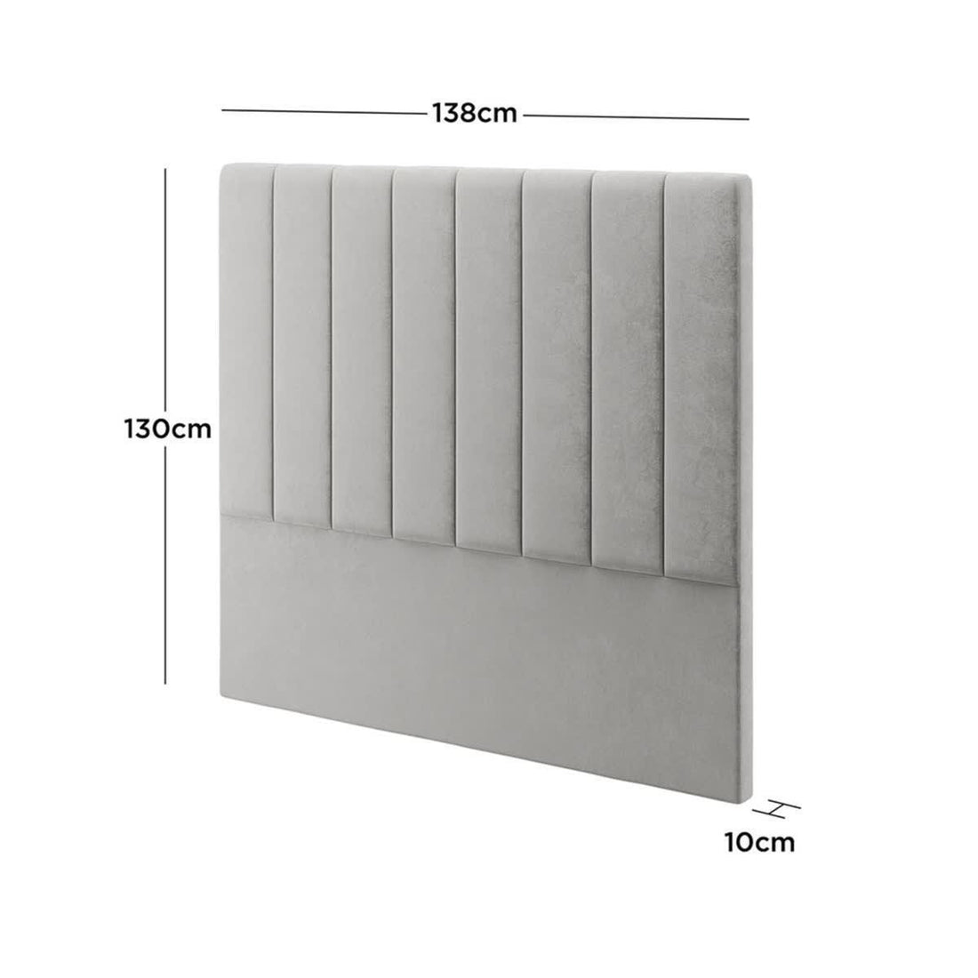 Septima & Gratiana Double Bed & Headboard Package – Slate: Light grey upholstered headboard with vertical channels, smooth lower section, 138 cm wide, 130 cm high, 10 cm thick, elegant and supportive design.