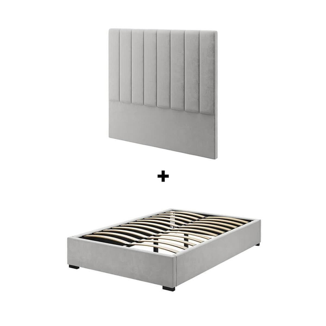 Septima & Gratiana Double Bed & Headboard Package – Slate: Features a light grey, vertically-channeled upholstered headboard and matching low-profile bed frame with sprung wooden slats, creating a cohesive, elegant bedroom centerpiece.