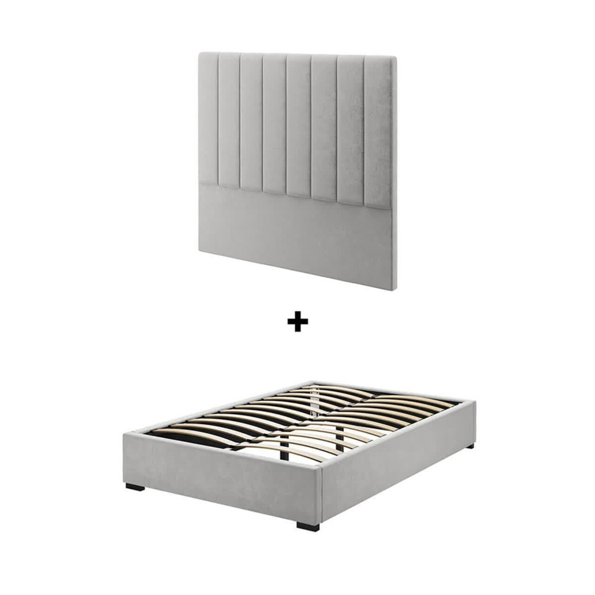 Septima & Gratiana Double Bed & Headboard Package – Slate: Features a light grey, vertically-channeled upholstered headboard and matching low-profile bed frame with sprung wooden slats, creating a cohesive, elegant bedroom centerpiece.