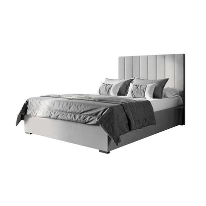Septima & Gratiana Double Bed in Slate featuring a light gray, channel-tufted headboard and upholstered base, accented with matching bedding, offering a luxurious and elegant bedroom centerpiece.