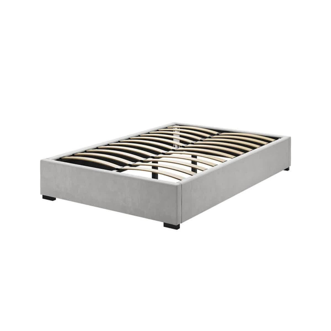 Septima & Gratiana Double Bed & Headboard Package – Slate; features a grey fabric-covered, low-profile bed frame with wooden slats, showcasing the elegant upholstered design ready for mattress placement.