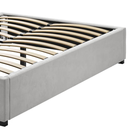Septima & Gratiana Double Bed & Headboard Package – Slate features an upholstered platform-style bed frame with visible side rails and flexible wooden slats, highlighting its robust design without the mattress.
