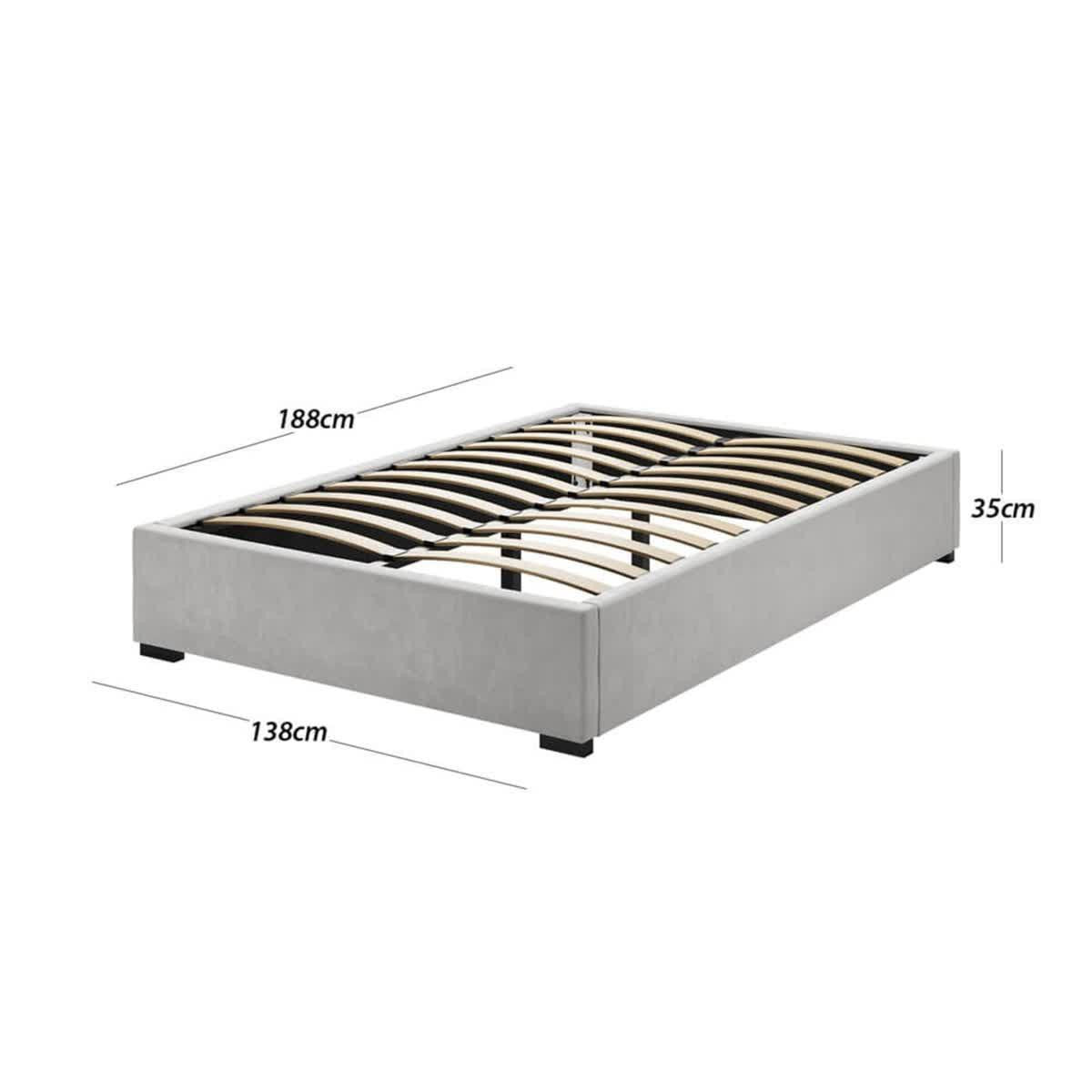 Septima & Gratiana Double Bed & Headboard Package – Slate: Light grey upholstered platform bed frame with sprung slat system, block feet, and channel-tufted headboard, measuring 138cm wide, 188cm long, 35cm tall.