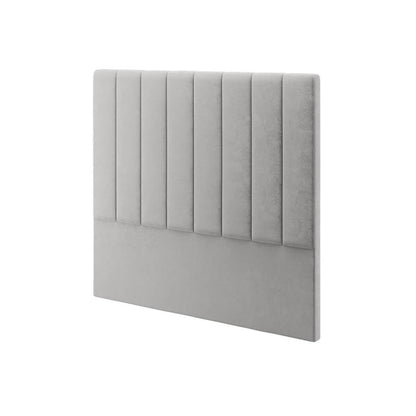 Septima & Gratiana Double Bed & Headboard Package – Slate: Light grey padded headboard with vertical channel tufting, smooth lower section, upholstered in velvet, paired with a sturdy bed base for a luxurious bedroom retreat.