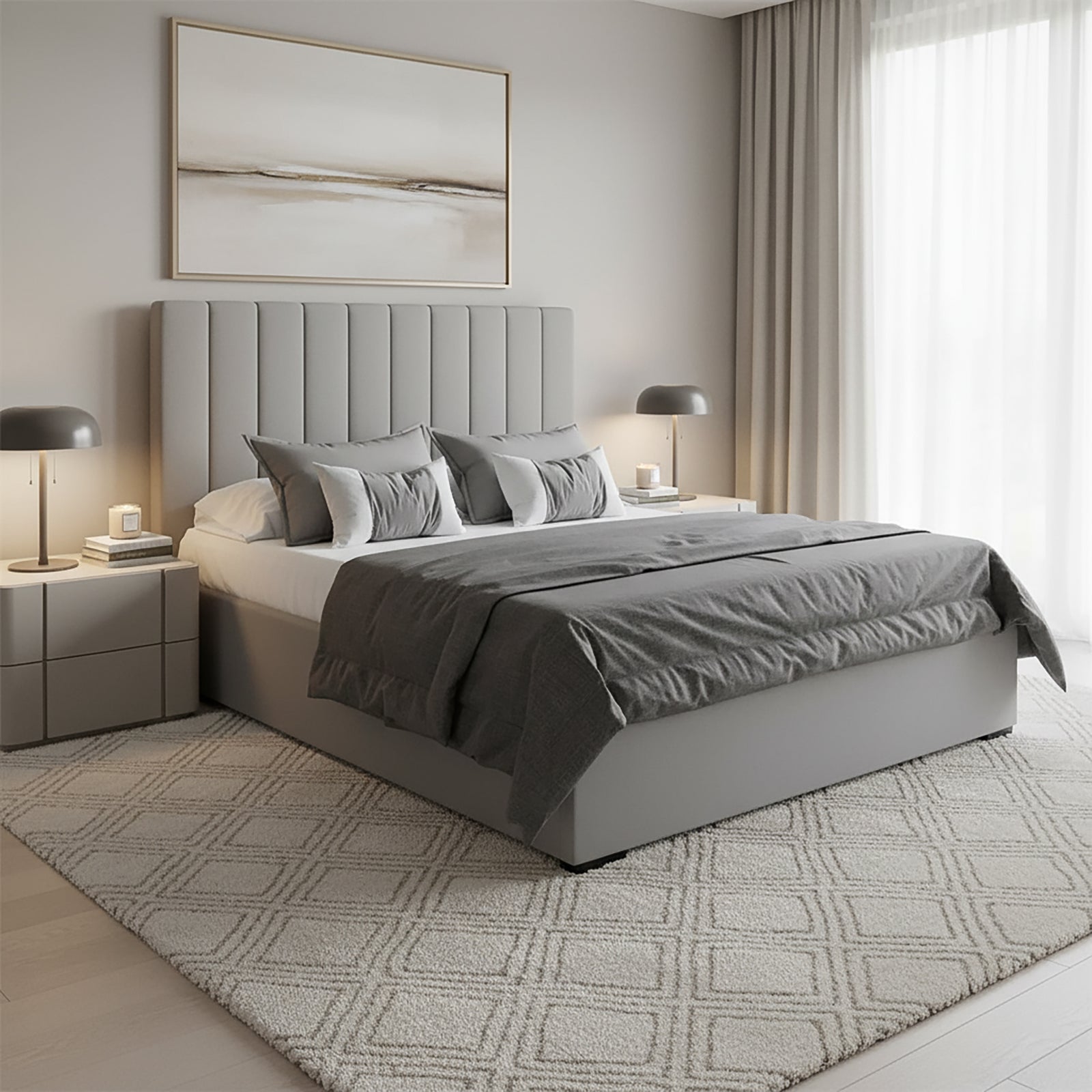 Septima & Gratiana Velvet Double Bed Base & Headboard Set in Slate features a vertically channel-tufted headboard and low-profile bed frame, complemented by modern nightstands and soft, layered bedding in a minimalist bedroom setting.