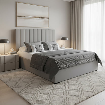 Septima & Gratiana Velvet Double Bed Base & Headboard Set in Slate features a vertically channel-tufted headboard and low-profile bed frame, complemented by modern nightstands and soft, layered bedding in a minimalist bedroom setting.