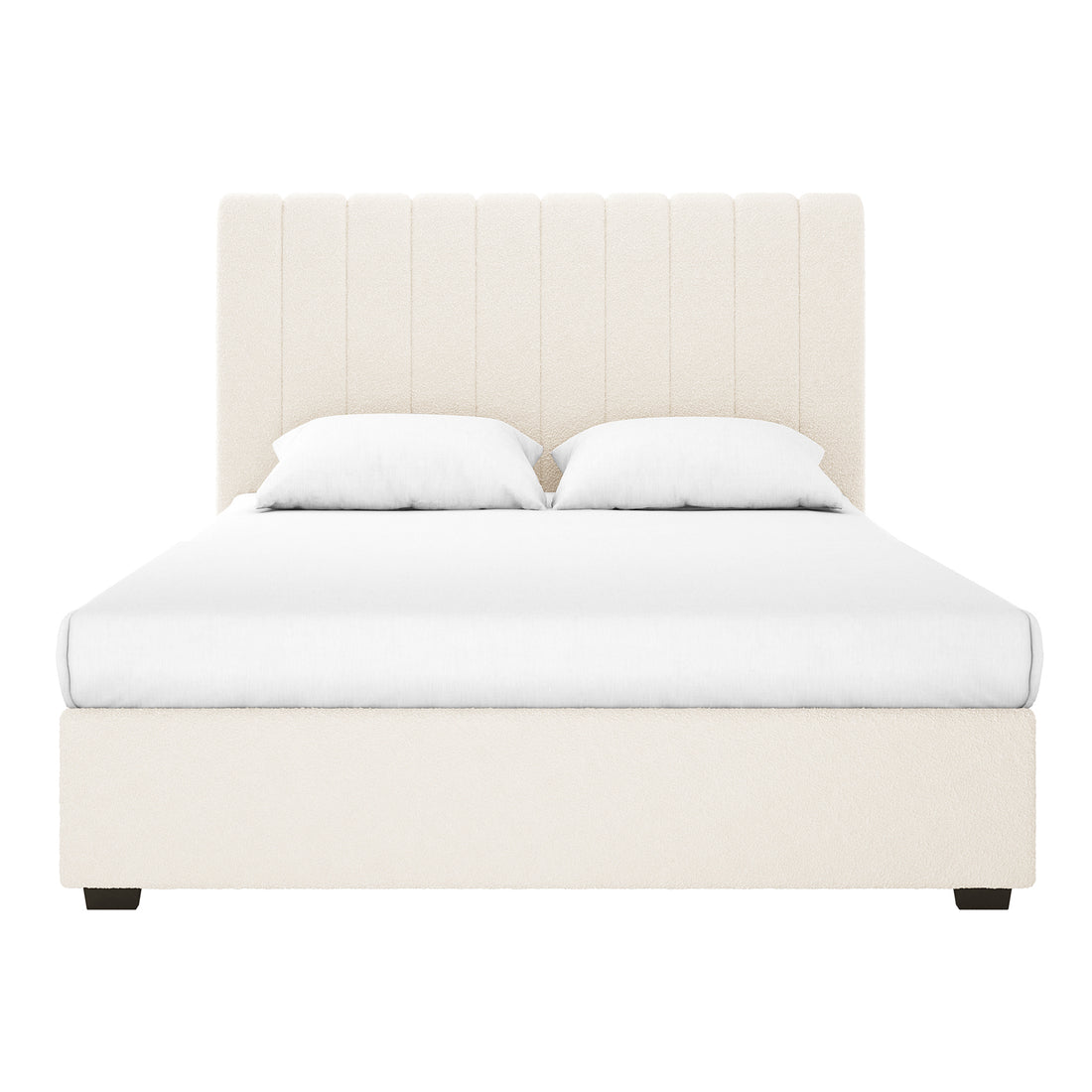 Septima & Gratiana King Bed Base & Headboard in Cream White, featuring a low-profile frame and a vertically channel-tufted headboard, complemented by a white mattress and pillows for a modern bedroom setup.