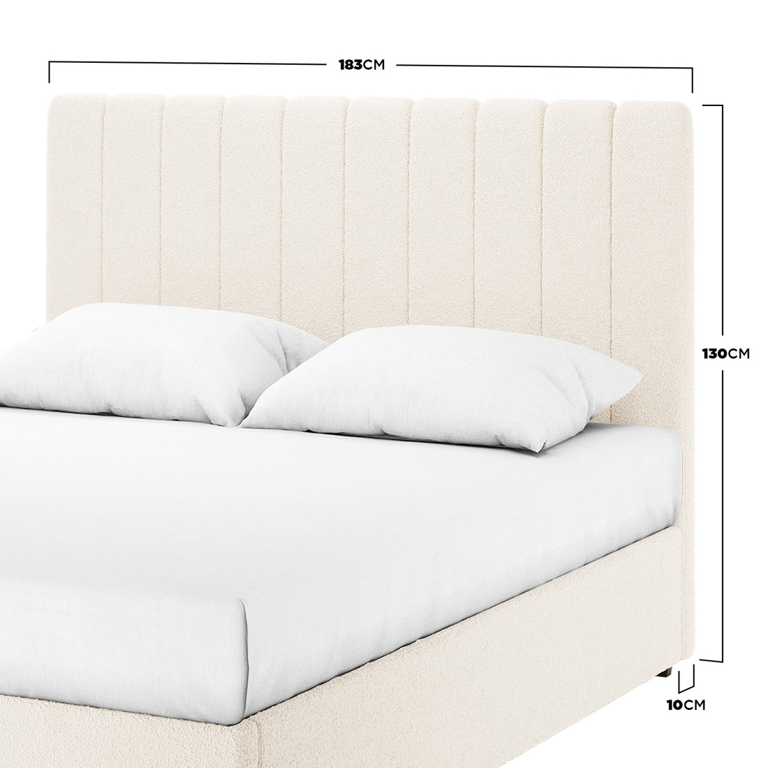 Septima & Gratiana King Bed Base & Headboard in Cream White features a tall, channel-stitched bouclé headboard and matching base, showcasing two white pillows and a fitted sheet on top.