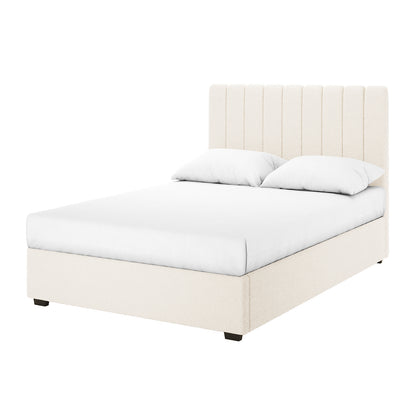 Septima & Gratiana Queen Bed Base & Headboard in Cream White features a tall, channel-tufted headboard and low-profile rails on dark wooden feet, dressed in white bedding with matching pillows.