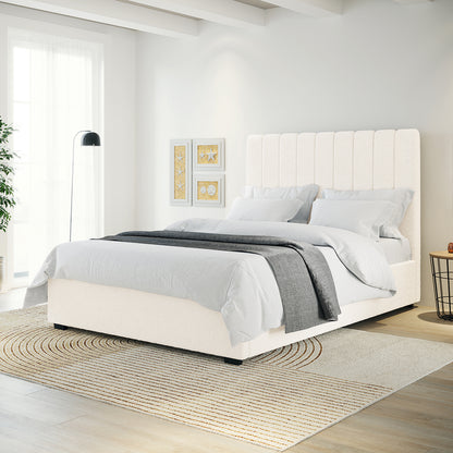 Septima & Gratiana Queen Bed Base & Headboard in Cream White features a vertically channeled, upholstered headboard. Displayed in a bright bedroom with light grey bedding, a neutral rug, and minimalist decor.