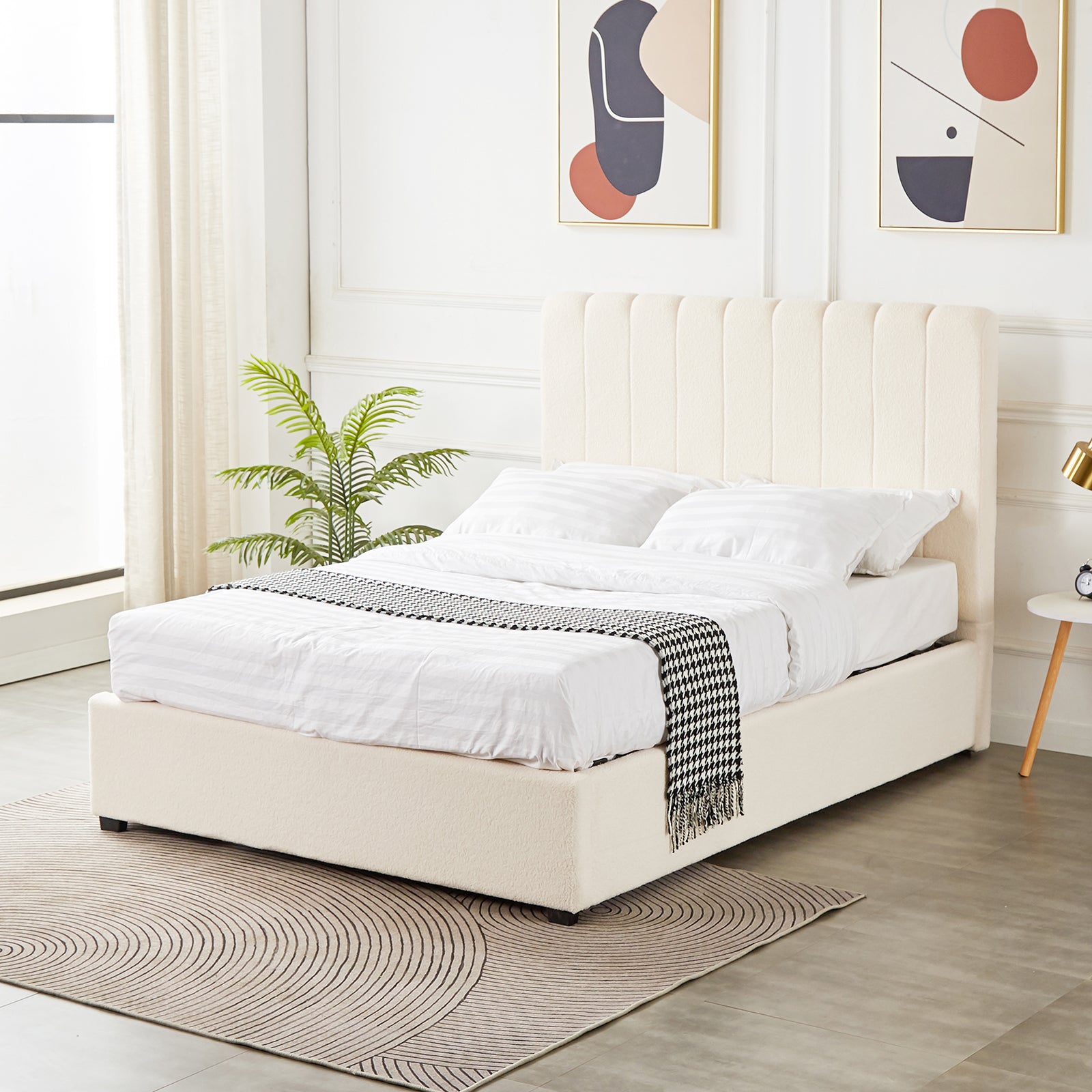 Septima & Gratiana Queen Bed Base & Headboard in Cream White features a channel-tufted headboard, bouclé upholstery, and is styled with a houndstooth throw, enhancing a modern, elegant bedroom setting.