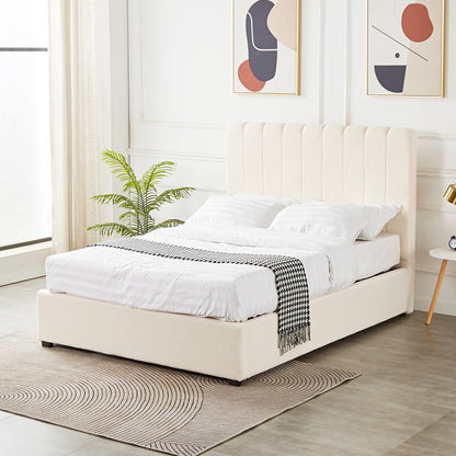 Septima & Gratiana Queen Bed Base & Headboard in Cream White features a channel-tufted headboard, bouclé upholstery, and is styled with a houndstooth throw, enhancing a modern, elegant bedroom setting.