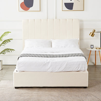 Septima & Gratiana Queen Bed Base & Headboard in Cream White, featuring a channel-stitched headboard, bouclé upholstery, and a wooden frame. Accompanied by a side table, lamp, clock, and geometric art prints.