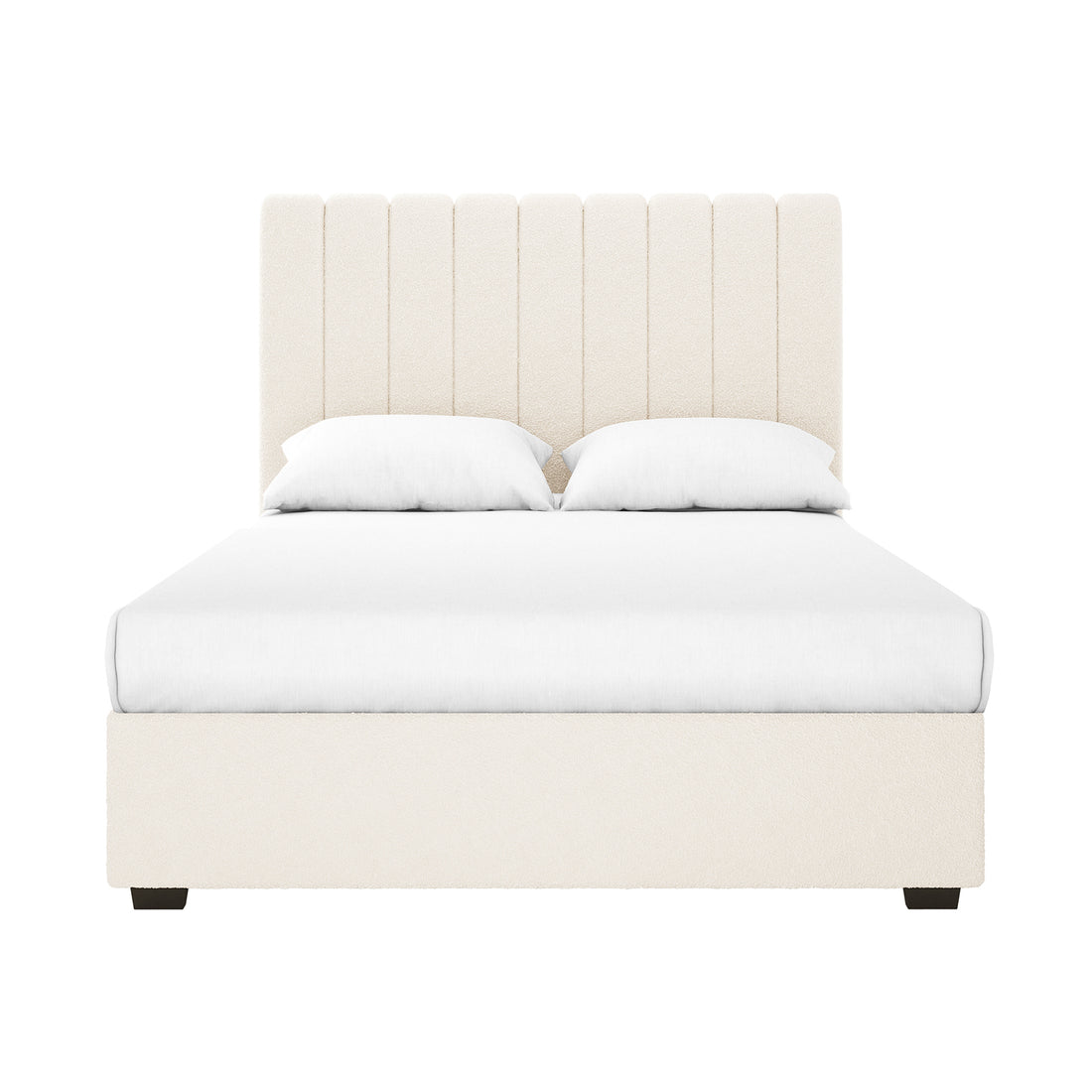 Septima & Gratiana Queen Bed Base & Headboard in Cream White, featuring a tall channel-stitched headboard and low base, showcases elegant bouclé upholstery and solid wood frame, providing a refined bedroom centerpiece.