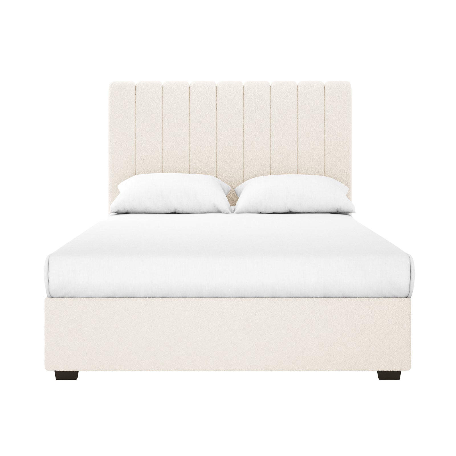 Septima & Gratiana Queen Bed Base & Headboard in Cream White, featuring a tall channel-stitched headboard and low base, showcases elegant bouclé upholstery and solid wood frame, providing a refined bedroom centerpiece.