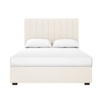Septima & Gratiana Queen Bed Base & Headboard in Cream White, featuring a tall channel-stitched headboard and low base, showcases elegant bouclé upholstery and solid wood frame, providing a refined bedroom centerpiece.