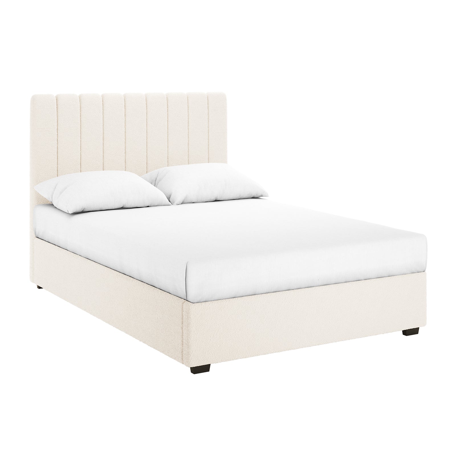Septima & Gratiana Queen Bed Base & Headboard in Cream White features a tall, channel-stitched headboard and low platform base in soft boucle fabric, complemented by two white pillows for a minimalist look.