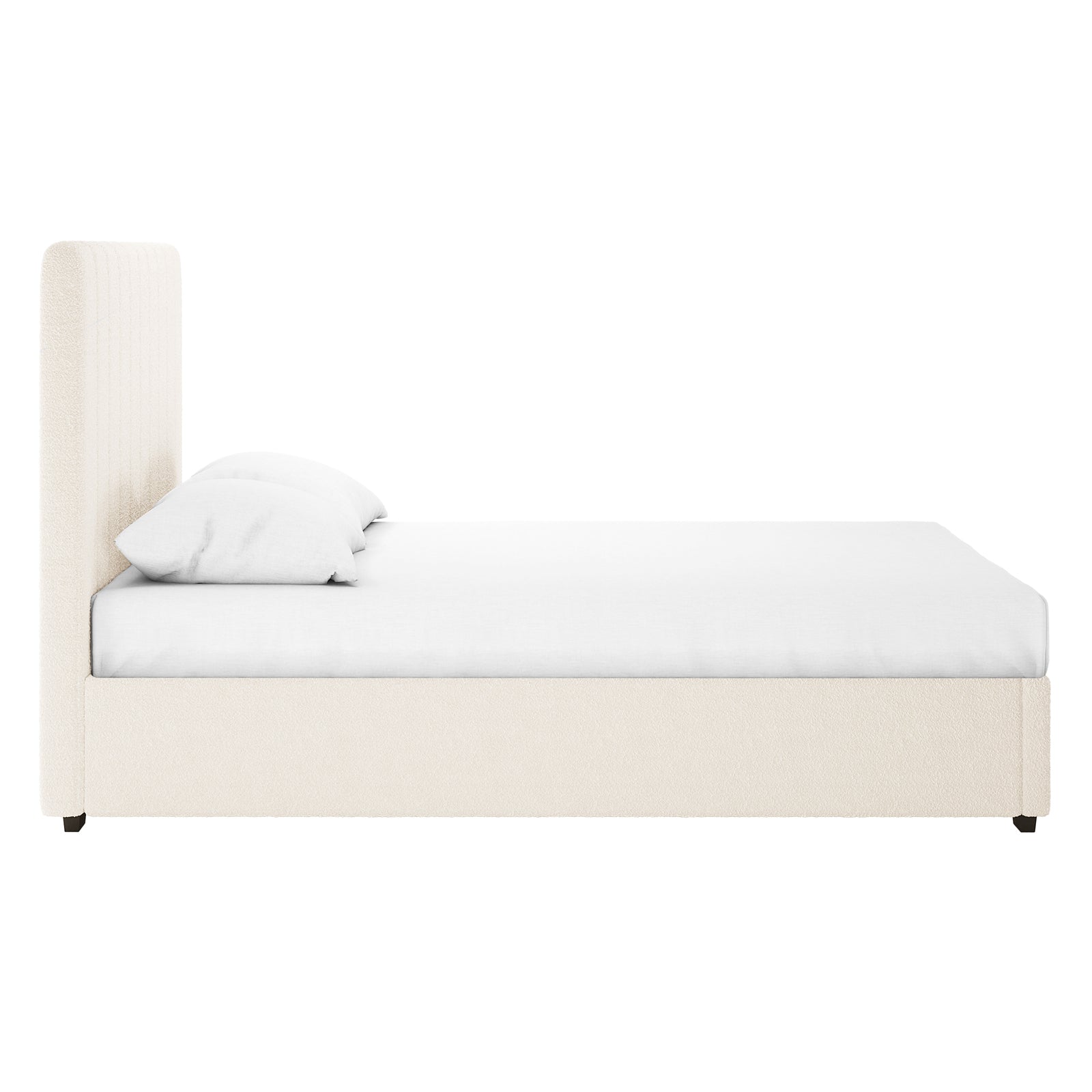 Septima & Gratiana Queen Bed Base & Headboard in Cream White, featuring a side view of a tall, upholstered headboard and base, with a fitted white sheet and pillow on a modern platform bed.