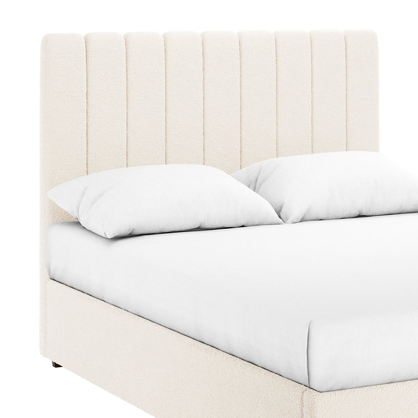 Septima & Gratiana Queen Bed Base & Headboard in Cream White showcases a tall, channel-stitched headboard and matching platform base in bouclé fabric, featuring a minimalist, mid-century design with a white mattress and pillows.