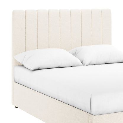 Septima & Gratiana Queen Bed Base & Headboard in Cream White showcases a tall, channel-stitched headboard and matching platform base in bouclé fabric, featuring a minimalist, mid-century design with a white mattress and pillows.