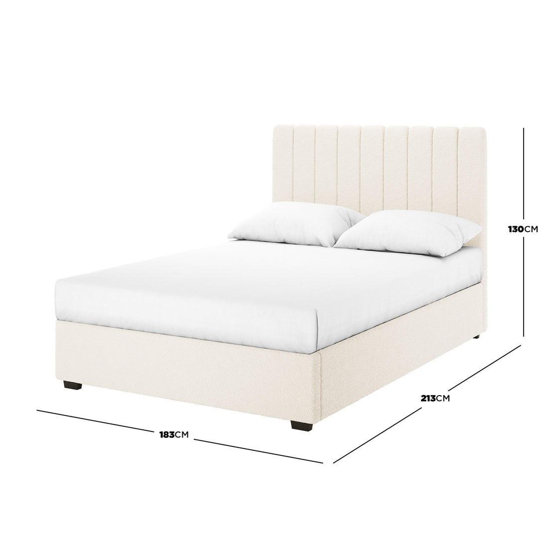 Septima & Gratiana Queen Bed Base & Headboard in Cream White, featuring a vertically channel-stitched headboard and upholstered base, highlighting elegant bouclé fabric and a sturdy wooden frame for a luxurious bedroom centerpiece.