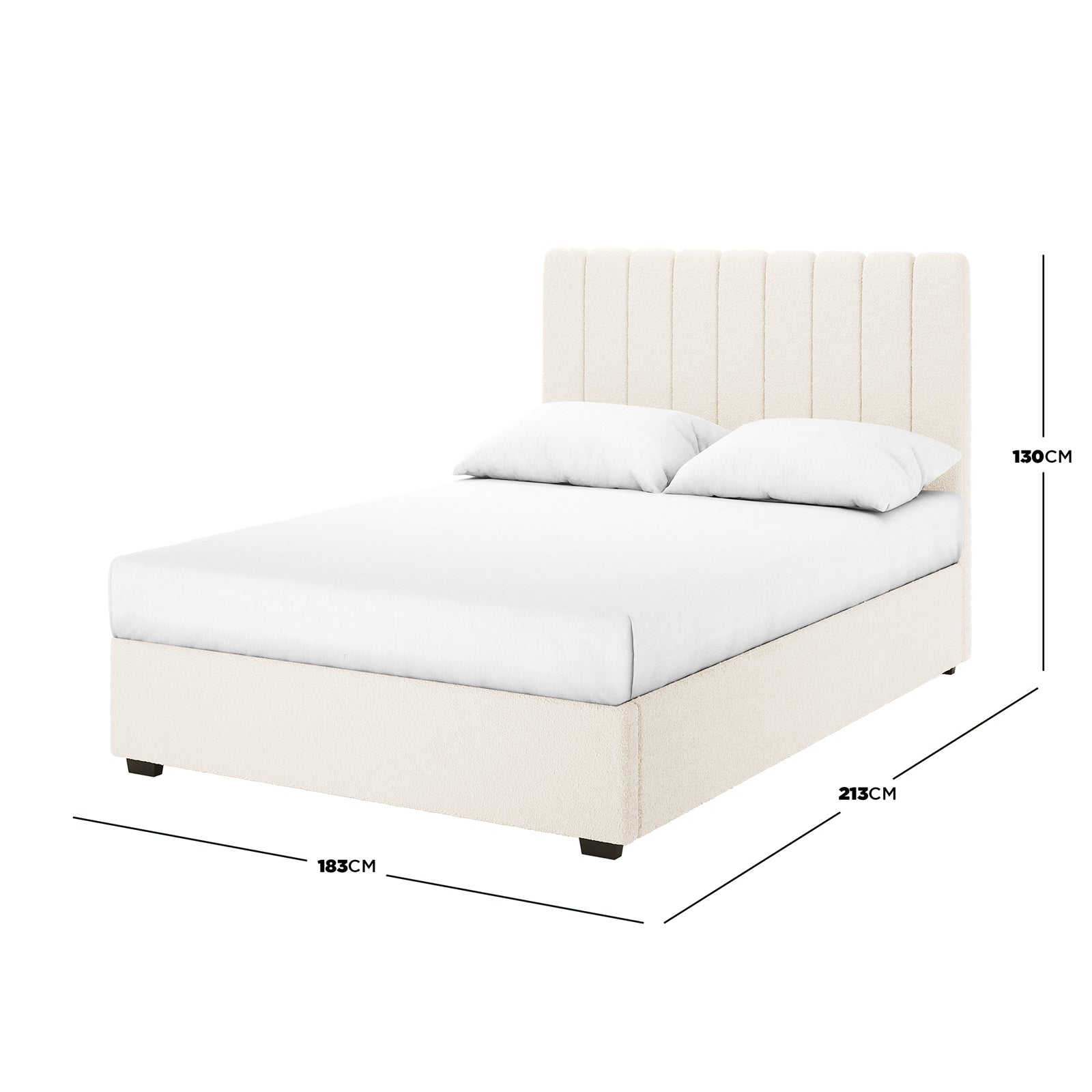 Septima & Gratiana Queen Bed Base & Headboard in Cream White, featuring a vertically channel-stitched headboard and upholstered base, highlighting elegant bouclé fabric and a sturdy wooden frame for a luxurious bedroom centerpiece.