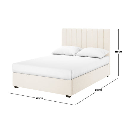 Septima & Gratiana Queen Bed Base & Headboard in Cream White, featuring a vertically channel-stitched headboard and upholstered base, highlighting elegant bouclé fabric and a sturdy wooden frame for a luxurious bedroom centerpiece.