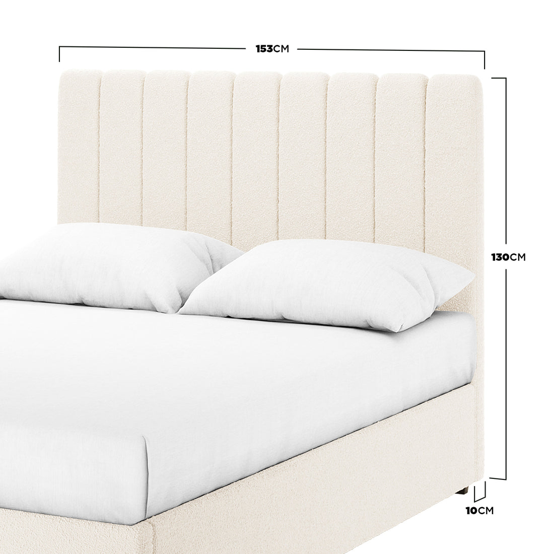 Septima & Gratiana Queen Bed Base & Headboard in Cream White featuring a vertically-channeled headboard, low platform base, and bouclé upholstery, with dimension callouts highlighting headboard width, height, and frame clearance.