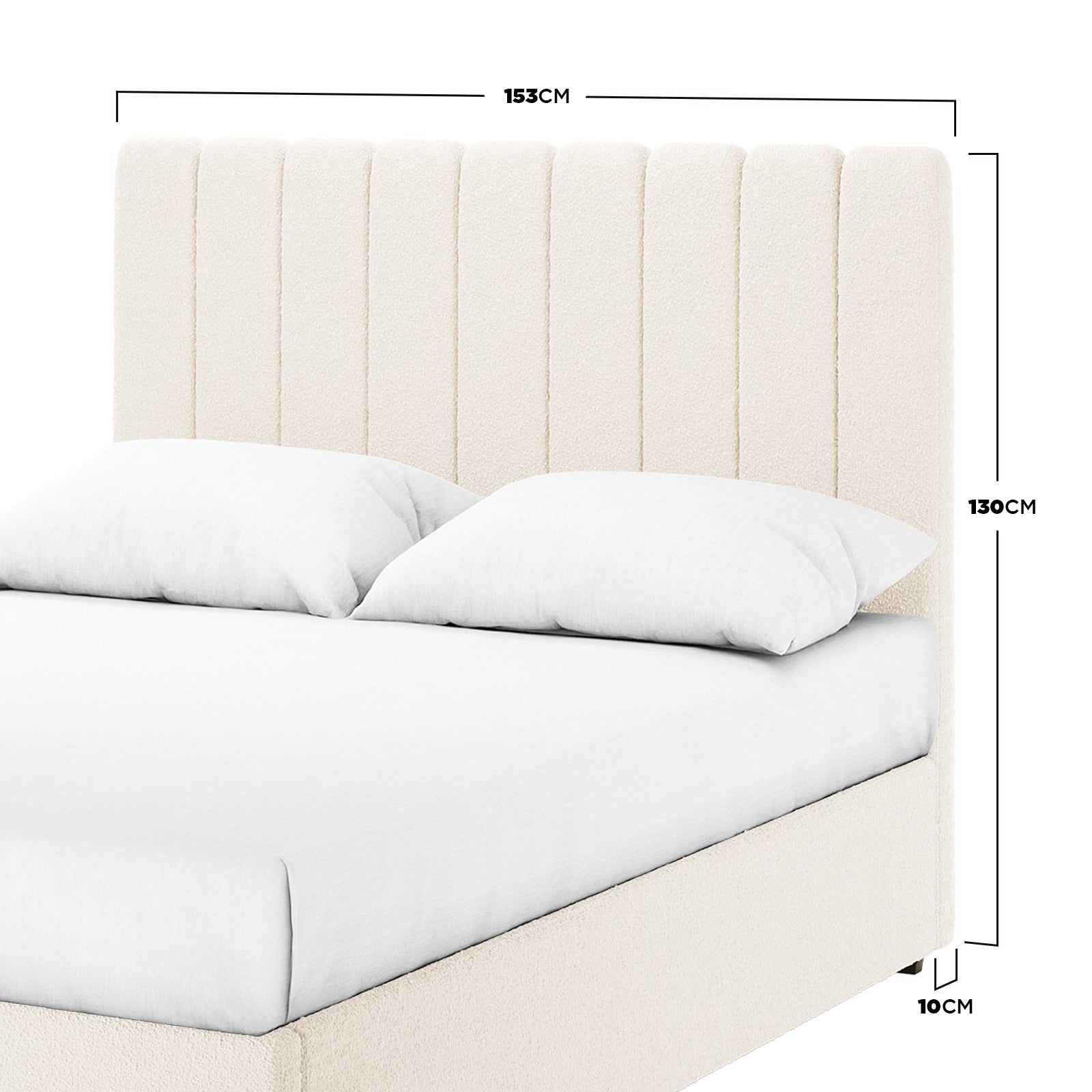 Septima & Gratiana Queen Bed Base & Headboard in Cream White featuring a vertically-channeled headboard, low platform base, and bouclé upholstery, with dimension callouts highlighting headboard width, height, and frame clearance.