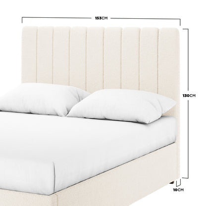 Septima & Gratiana Queen Bed Base & Headboard in Cream White featuring a vertically-channeled headboard, low platform base, and bouclé upholstery, with dimension callouts highlighting headboard width, height, and frame clearance.