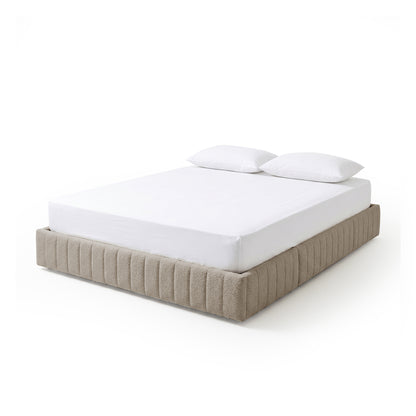 Solin Queen fluted storage bed base in warm beige boucle with mattress and pillows