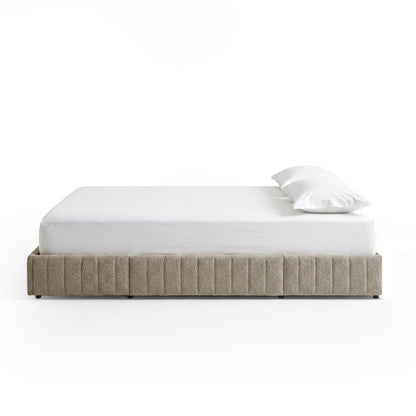 Solin Queen Fluted Storage Bed Base in Warm Beige Boucle with mattress and pillow