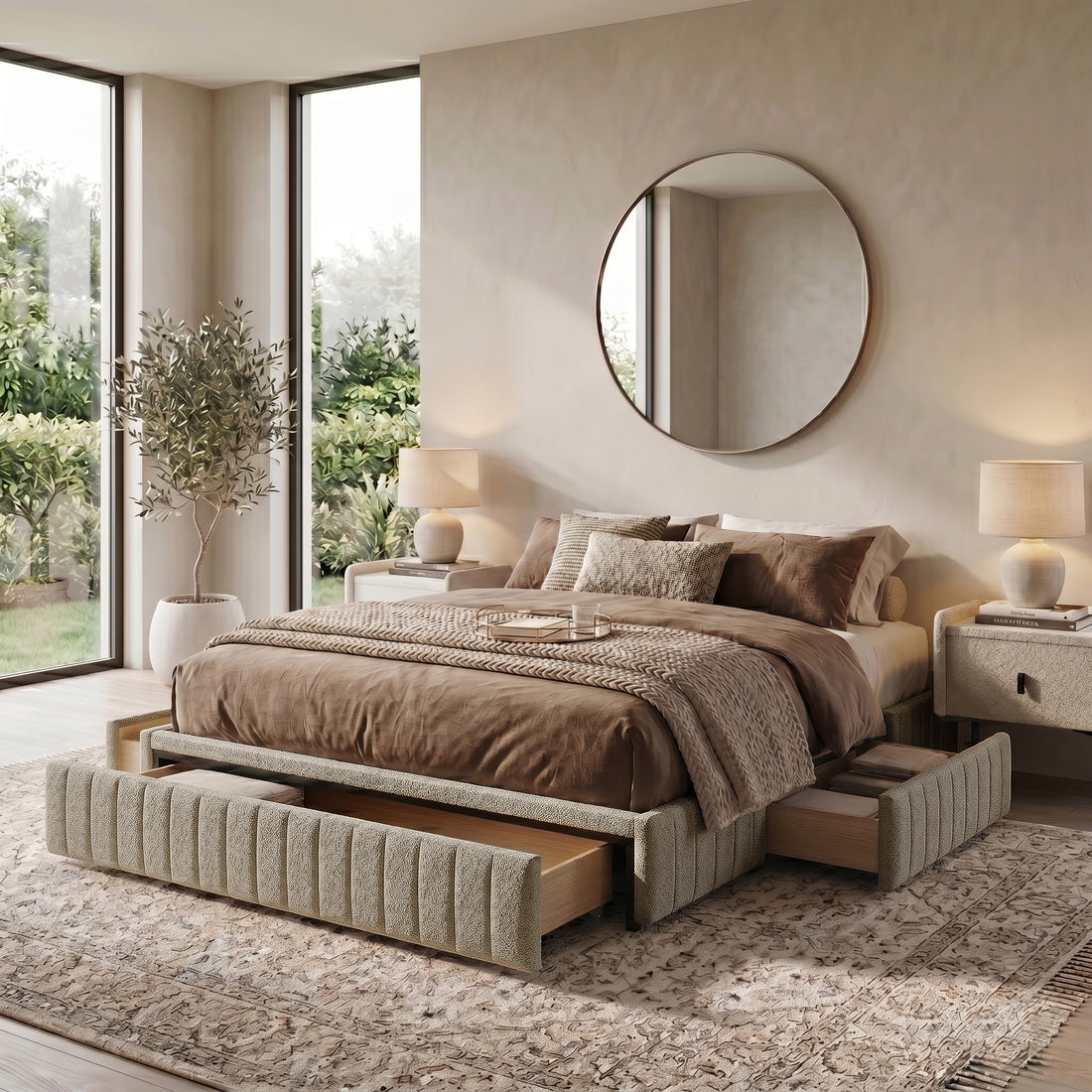 Queen fluted storage bed base in warm beige boucle with three pull-out drawers, shown with bedding in a neutral bedroom