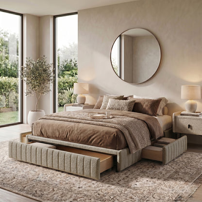 Queen fluted storage bed base in warm beige boucle with three pull-out drawers, shown with bedding in a neutral bedroom
