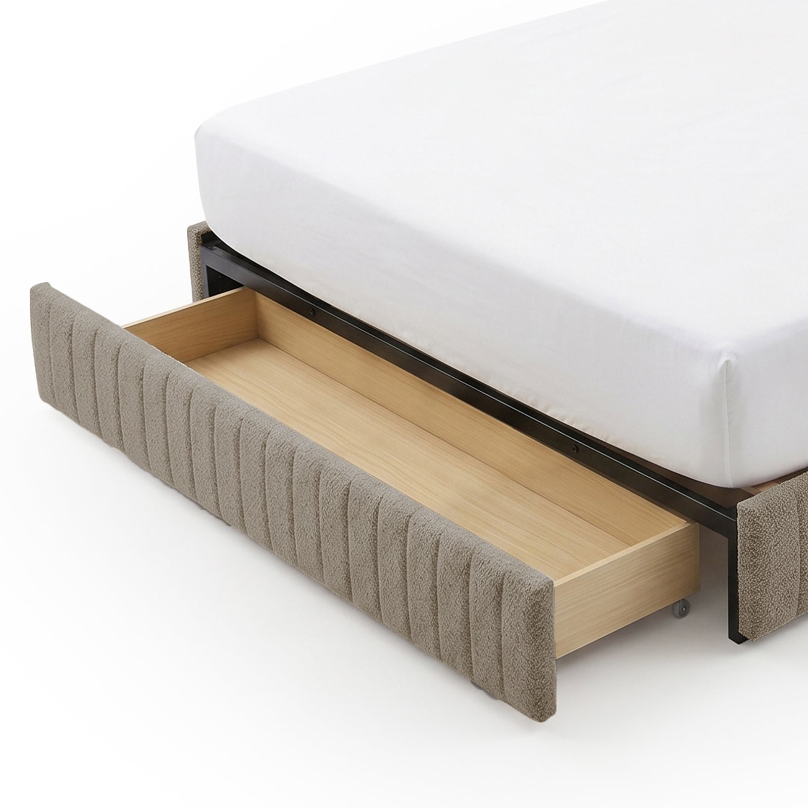 Solin Queen fluted storage bed base in warm beige boucle with pull-out drawer on castors, shown with white mattress