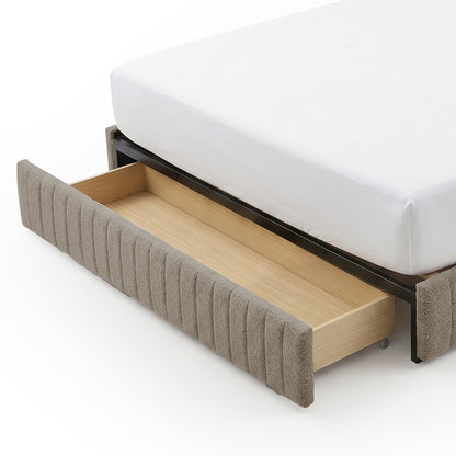 Solin Queen fluted storage bed base in warm beige boucle with pull-out drawer on castors, shown with white mattress