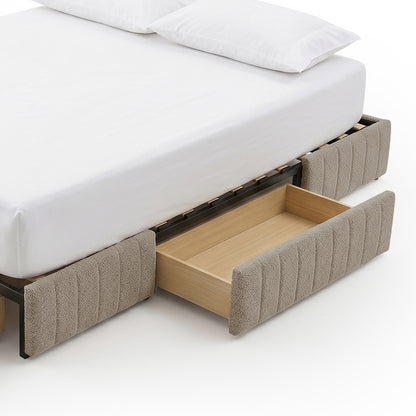 Solin Queen fluted storage bed base in warm beige boucle with pull-out drawer, shown with mattress