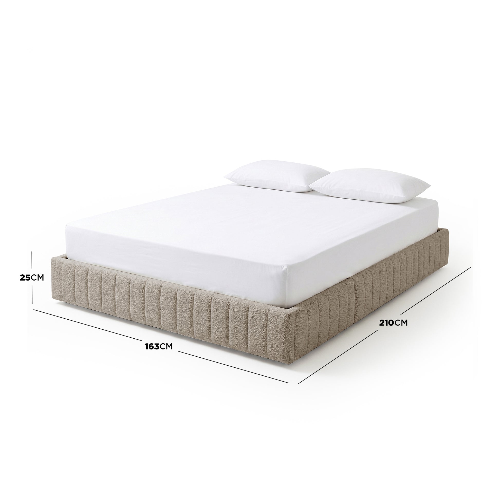 Solin Queen Fluted Storage Bed Base in Warm Beige Boucle, 163cm W x 210cm L x 25cm H, shown with mattress and pillows