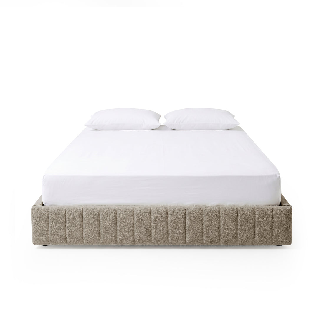 Solin Queen Fluted Storage Bed Base in Warm Beige Boucle with mattress and pillows