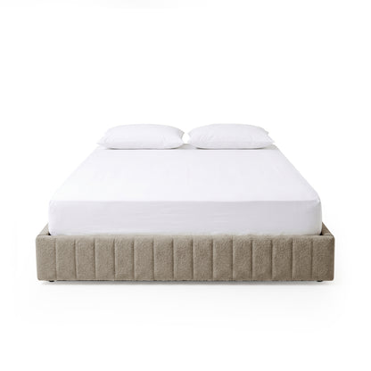 Solin Queen Fluted Storage Bed Base in Warm Beige Boucle with mattress and pillows