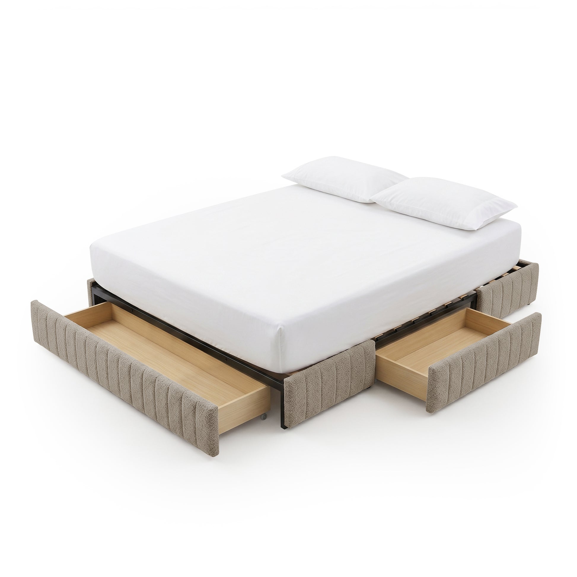 Solin Queen Fluted Storage Bed Base in Warm Beige Boucle with three pull-out drawers, shown with mattress and pillows