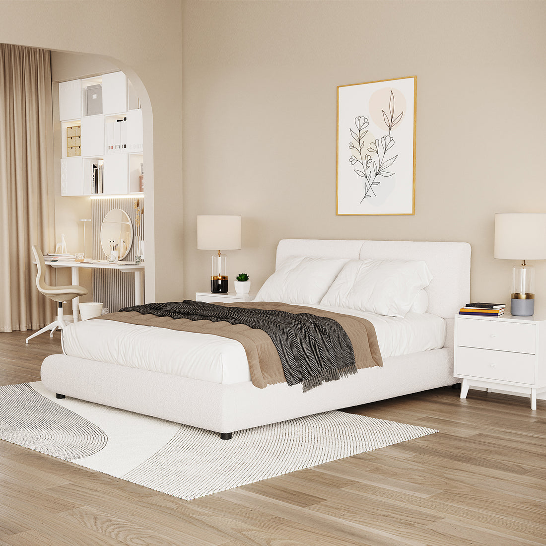 Stacy Queen Boucle Bed Frame in Cream White features luxurious boucle upholstery, a plush headboard, and a sturdy wood frame, elegantly styled with crisp linens and a taupe throw.
