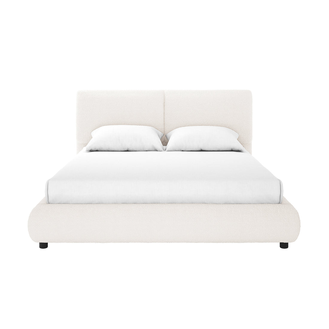 Stacy Queen Boucle Bed Frame in Cream White showcases a modern, low-profile design with padded vertical headboard panels, creamy boucle upholstery, and short black legs, complete with white bedding.