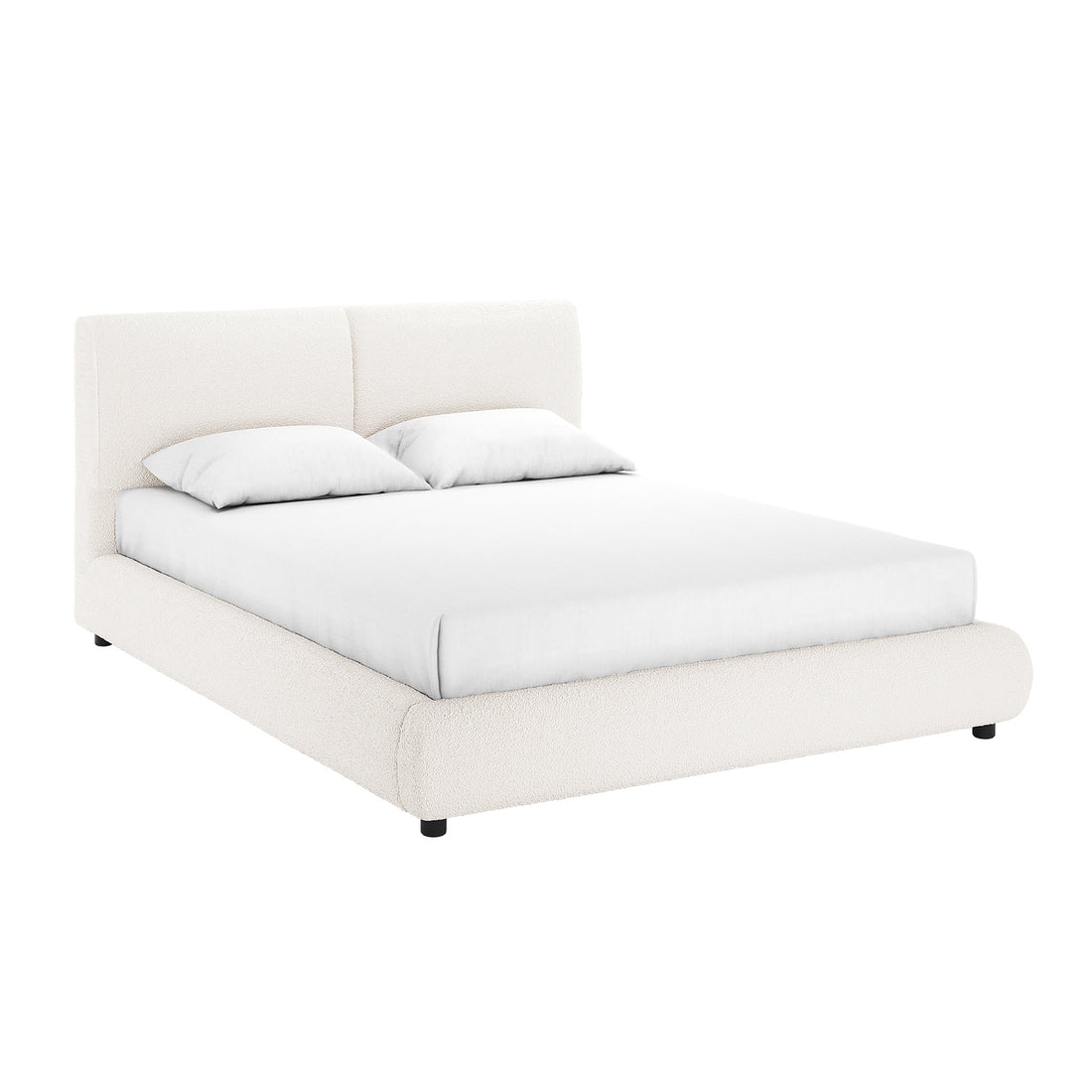 Stacy Queen Boucle Bed Frame in Cream White features a low-profile design with a padded headboard in two vertical panels, upholstered in luxurious boucle fabric, and supported by short black legs.