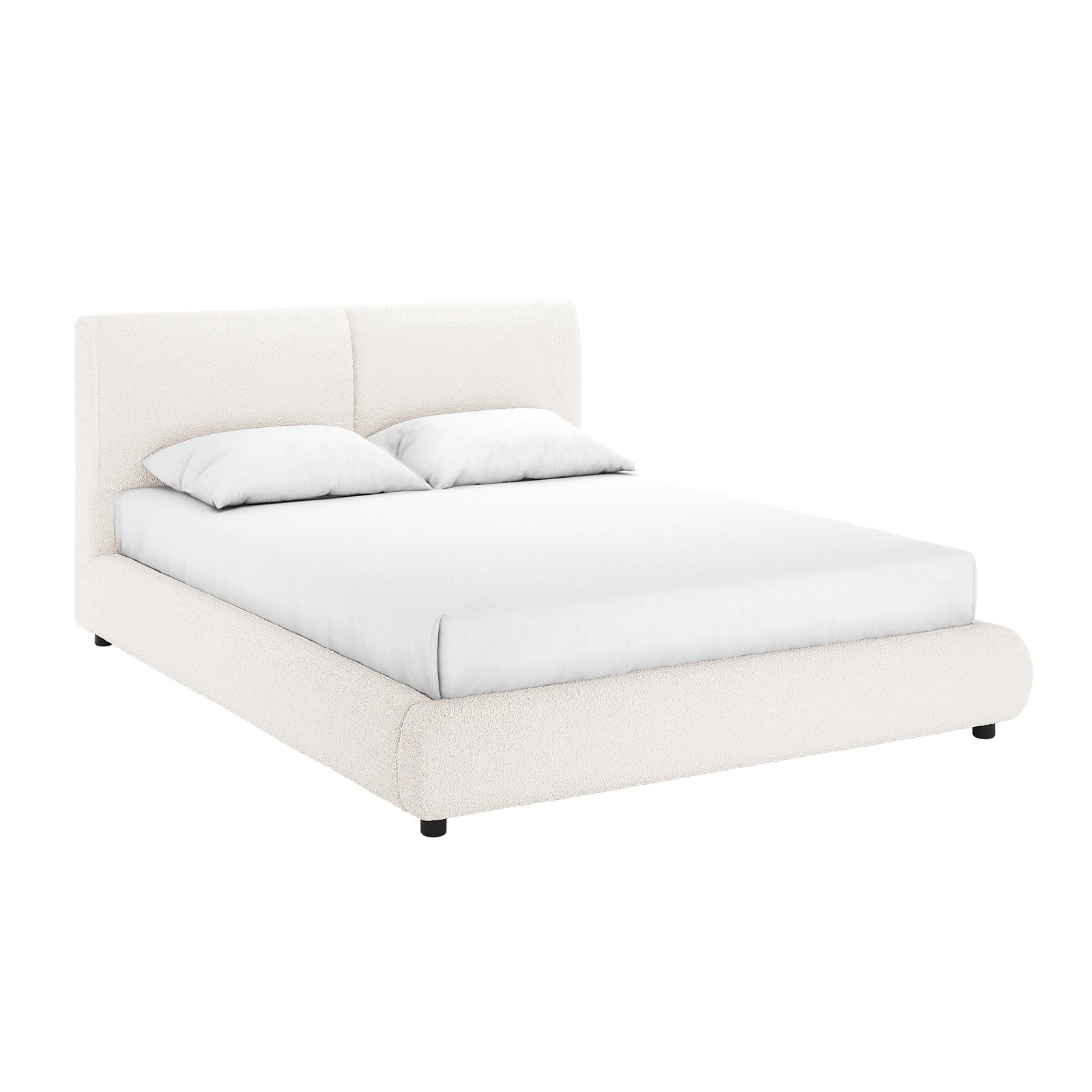 Stacy Queen Boucle Bed Frame in Cream White features a low-profile design with a padded headboard in two vertical panels, upholstered in luxurious boucle fabric, and supported by short black legs.