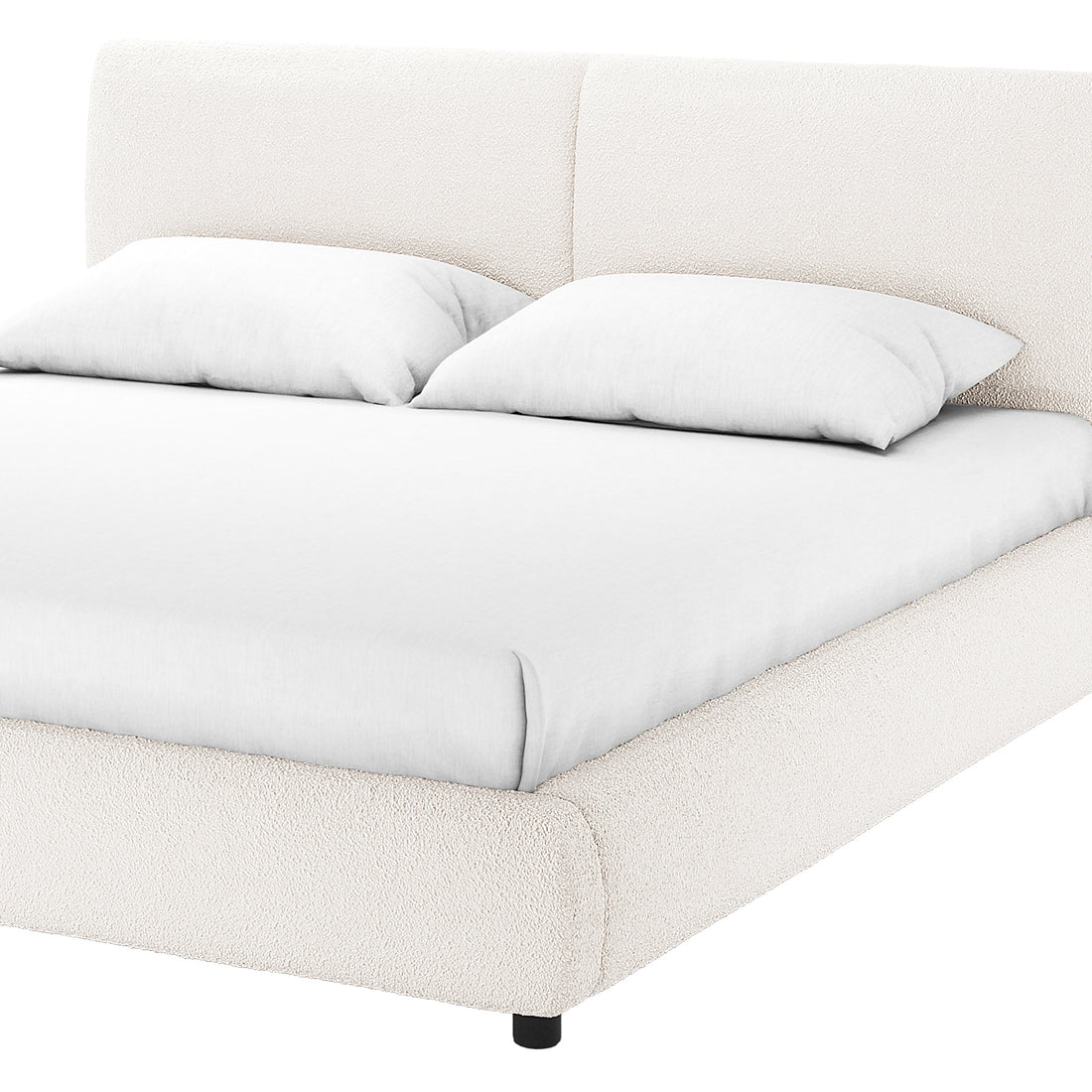 Stacy Queen Boucle Bed Frame in Cream White, featuring a modern upholstered platform design with a padded headboard in vertical panels, matching rails, and short black legs, showcasing elegance and comfort.