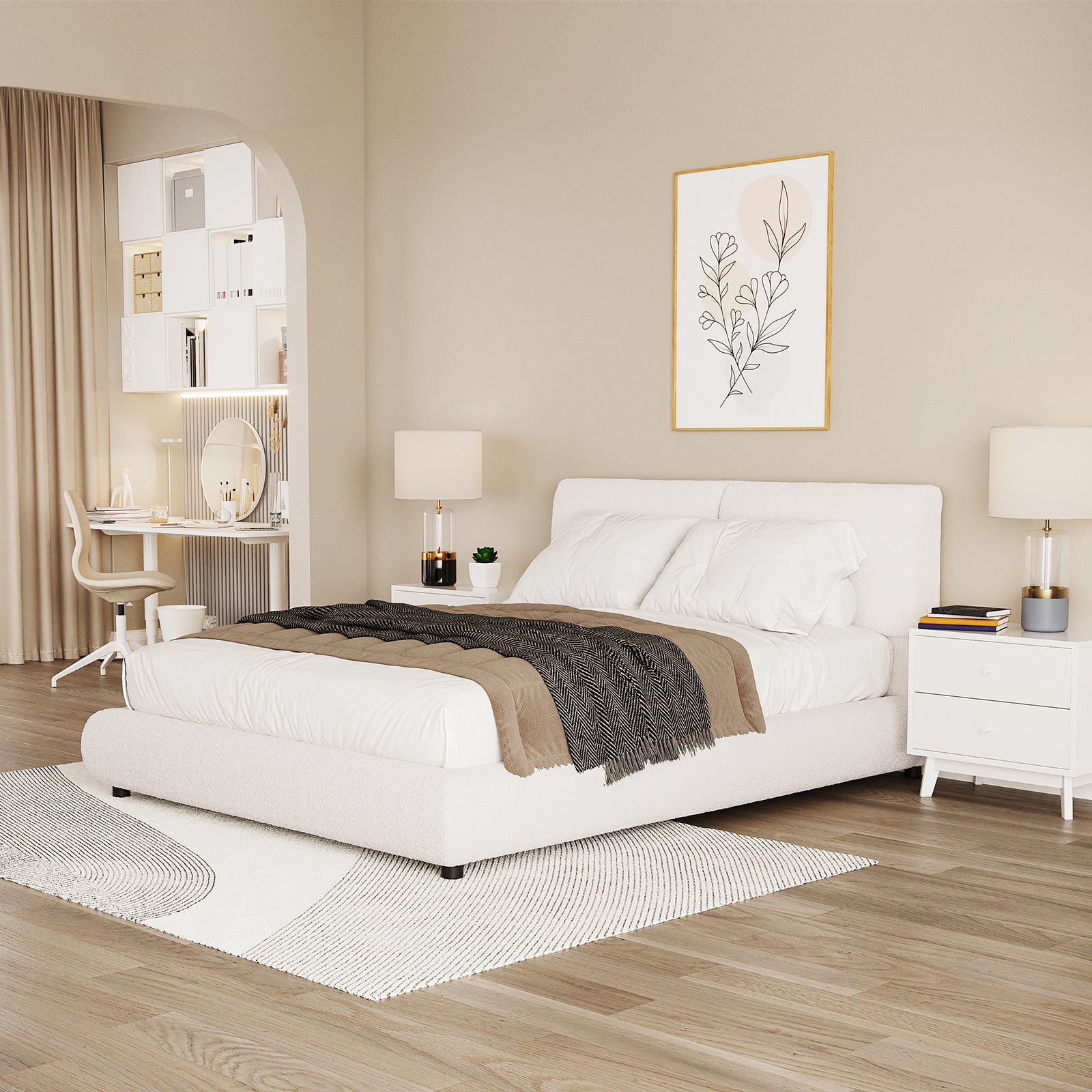 Stacy Queen Boucle Bed - Cream White with Thalia Mattress features a plush, padded headboard wrapped in boucle fabric, showcasing an elegant design that adds sophistication to any bedroom setting.