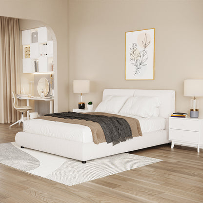 Stacy Queen Boucle Bed - Cream White with Thalia Mattress features a plush, padded headboard wrapped in boucle fabric, showcasing an elegant design that adds sophistication to any bedroom setting.