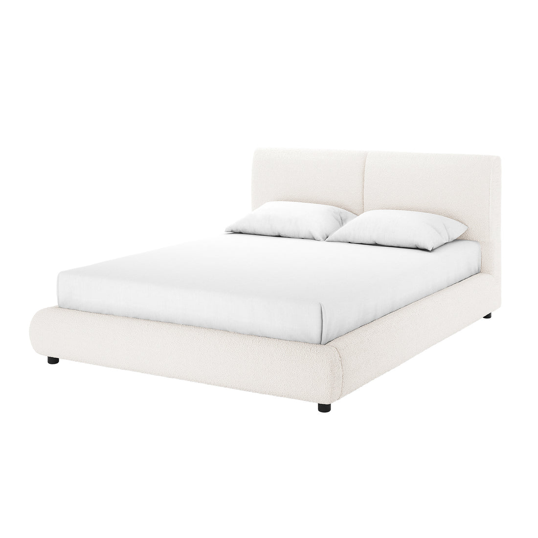 Stacy Queen Boucle Bed - Cream White with Thalia Mattress features a plush, padded headboard wrapped in luxurious boucle fabric, set on a white bedding ensemble, epitomizing modern elegance and comfort.